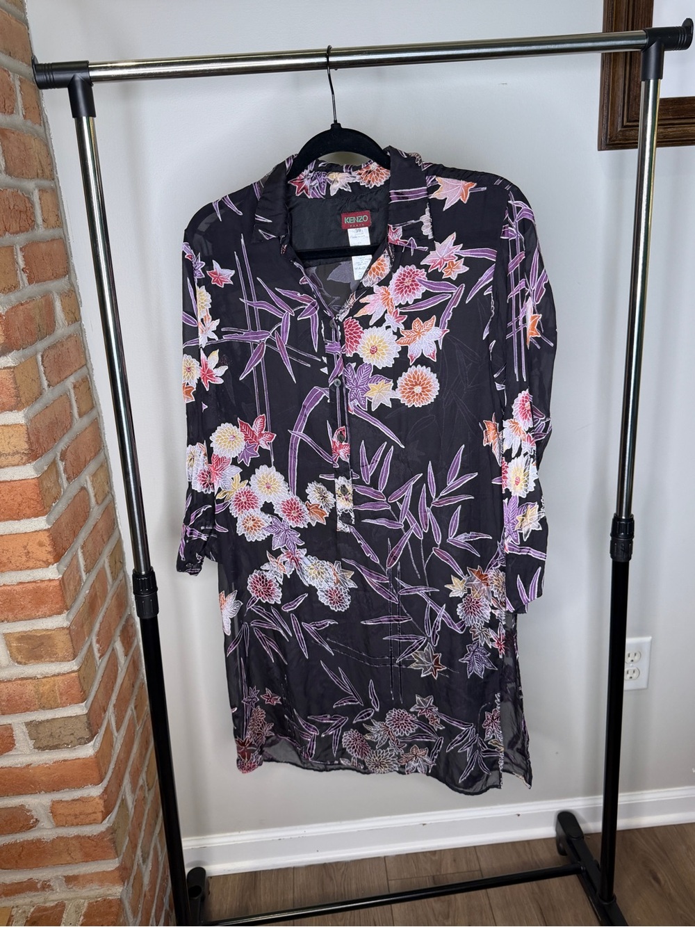 Kenzo Floral Button-Up Tunic Length Shirt Dress in Black Pink & purple Flowers